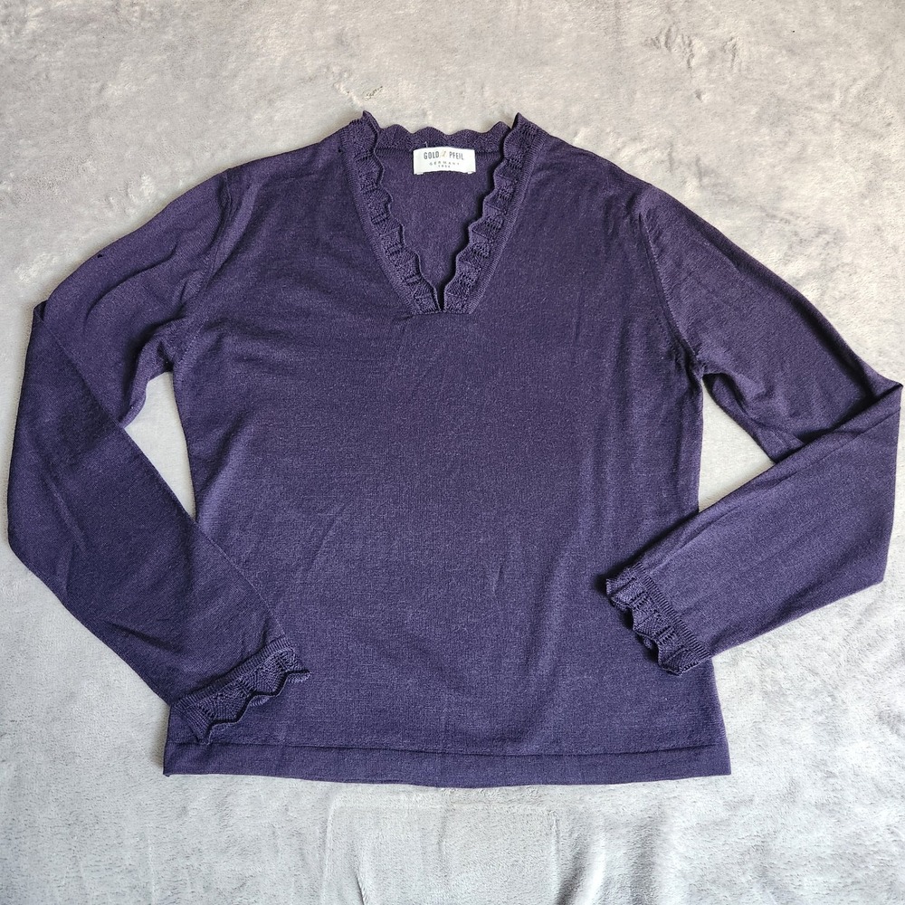 Vtg Goldpfeil Vintage 100% Wool Sweater V-Neck Crochet Scalloped Plum Purple M